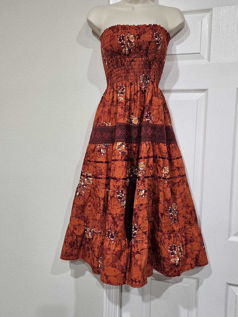 Strapless Rust Floral Midi Dress
